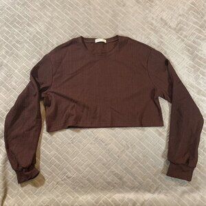 Romwe Womens Medium Sweater Shirt Brown Cropped Long Sleeve Crew Neck